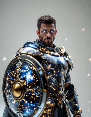 The primary subject of the image is a man wearing a shiny, metallic armor. The setting is a room with a gray background. The visual style is a combination of digital art and illustration. The man is wearing a blue and gold armor, which gives the image a colorful and vibrant atmosphere.