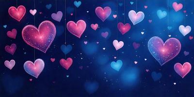 The primary subject of the image is a collection of hearts, which are floating in the air. The hearts are of various sizes and are scattered throughout the scene. The setting is a dark blue background, which creates a dramatic and moody atmosphere. The visual style of the image is a combination of digital art and illustration, giving it a unique and artistic appearance. The dominant colors are shades of blue and pink, which contribute to the overall mood of the scene.