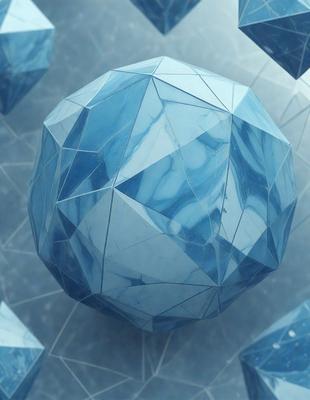 The primary subject of the image is a large, blue, geometric sphere. The setting is a dark, blue background, which contrasts with the bright blue sphere. The visual style is a combination of digital art and illustration, creating a unique and intriguing design. The colors and mood of the image are predominantly dark and moody, with the blue sphere standing out as the main focal point.