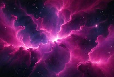 The primary subject of the image is a pink nebula, which is a large, swirling mass of gas and dust in space. The setting is a dark, starry sky, with the nebula being the main focus of the image. The visual style is a combination of a photo and digital art, creating a unique and captivating representation of the nebula. The colors and mood of the image are predominantly pink, giving it a warm and inviting atmosphere.