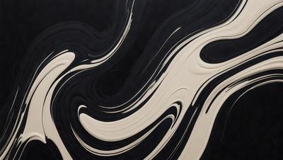 The primary subject of the image is a black and white painting of a swirling, flowing pattern. The setting is a black background, which contrasts with the white and black swirls. The visual style is a painting, which gives the image a more artistic and creative appearance. The dominant colors are black and white, creating a sense of depth and contrast in the painting. The overall atmosphere of the image is dynamic and visually engaging.