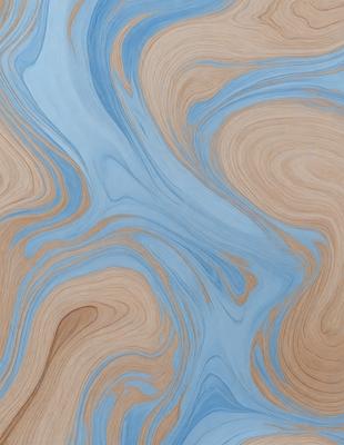 The primary subject of the image is a wooden surface with a blue and brown swirling pattern. The setting is a room with a blue and brown color scheme. The visual style is a combination of a photo and digital art, creating a unique and eye-catching design. The dominant colors are blue and brown, giving the scene a warm and inviting atmosphere.