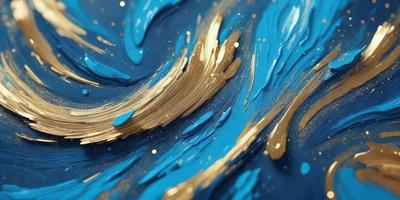 The primary subject of the image is a painting of a wave, featuring a mix of blue and gold colors. The setting is a blue background, and the visual style appears to be a combination of digital art and illustration. The painting has a dynamic and vibrant atmosphere, with the gold and blue colors creating a sense of movement and energy.