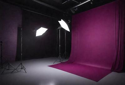 The primary subject of the image is a purple background with a red cloth. The setting is a studio, and the visual style is a photo. The dominant colors are purple and red, creating a moody atmosphere.