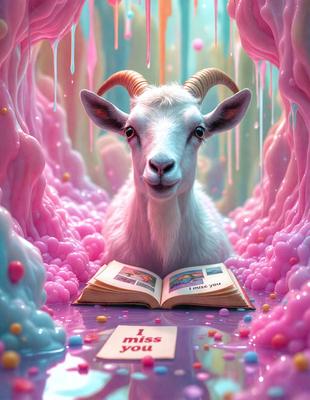 The primary subject of the image is a goat, which is sitting on a book. The setting is a pink and purple environment, with a backdrop of a cave. The visual style is a combination of photo and digital art, creating a unique and whimsical scene. The colors and mood of the image are predominantly pink and purple, giving it a playful and lighthearted atmosphere.