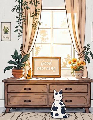 The primary subject of the image is a cat sitting on a desk in front of a window. The setting is a room with a desk, a window, and a potted plant. The visual style is a hand-drawn illustration, giving the image a warm and cozy atmosphere. The dominant colors are shades of brown and yellow, which are associated with the cat, the window, and the potted plant.