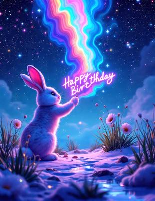 The primary subject of the image is a cute bunny rabbit. The setting is a nighttime scene with a purple sky, and the visual style is a digital art illustration. The bunny is holding a rainbow-colored birthday sign, which adds a festive and cheerful atmosphere to the scene. The colors in the image are predominantly purple and pink, creating a warm and inviting mood.