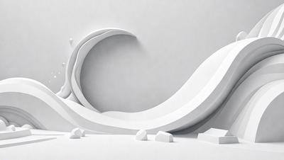 The primary subject of the image is a white sculpture of a wave. The setting is a white wall, and the visual style appears to be a digital art or illustration. The colors and mood of the image are predominantly white, giving it a clean and minimalist appearance.