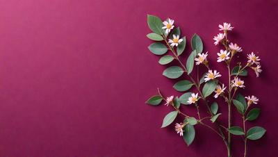 The primary subject of the image is a branch with flowers on it. The branch is green and has white flowers. The setting is a purple wall, which serves as the background for the image. The visual style is a close-up of the branch with flowers, showcasing the details of the plant. The colors and mood of the image are predominantly purple and serene, creating a calm and peaceful atmosphere.