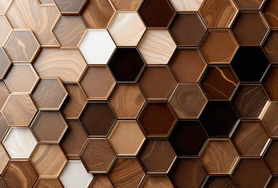 The primary subject of the image is a wall with a pattern of hexagonal shapes made of wood. The setting is a room with a brown and white color scheme. The visual style is a close-up of the wall, showcasing the intricate design of the wooden hexagons. The colors and mood of the image are warm and inviting, with the brown and white tones creating a cozy atmosphere.