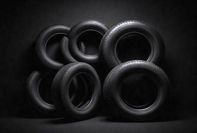 The primary subject of the image is a group of black tires. They are arranged in a stack, with some tires overlapping each other. The setting is a dark background, which emphasizes the contrast between the tires and the surrounding area. The visual style is a close-up of the tires, showcasing their details and textures. The colors and mood of the image are predominantly dark, with the black tires being the main focus.