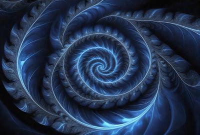 The primary subject of the image is a spiral pattern, which is the main object, scene, or focus of the image. The spiral pattern is set against a blue background, creating a visually striking contrast. The spiral pattern is a digital art piece, showcasing the artist's skill in creating intricate designs. The overall atmosphere of the image is one of beauty and complexity, with the blue color evoking a sense of calmness and tranquility.