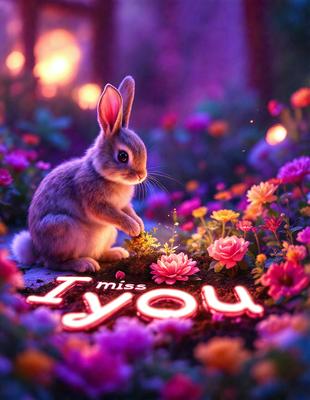 The primary subject of the image is a small bunny rabbit sitting in a field of flowers. The setting is a garden with a variety of flowers, creating a vibrant and colorful backdrop. The visual style is a combination of photo and digital art, as the rabbit and flowers are depicted in a realistic manner while the text "I Miss You" is displayed in a neon-like style. The colors and mood of the image are predominantly warm and cheerful, with the bright flowers and the