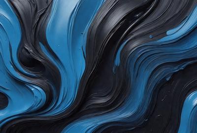 The primary subject of the image is a blue and black painting, which features a swirling pattern of colors and textures. The setting is a wall, and the visual style appears to be a digital art or illustration. The dominant colors in the painting are blue and black, creating a moody and dramatic atmosphere.