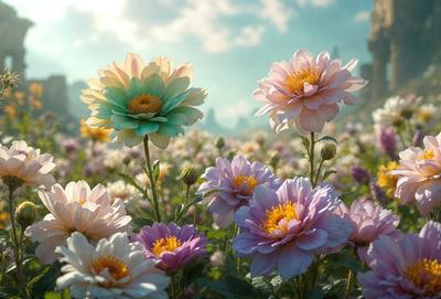 The primary subject of the image is a field of colorful flowers, with a variety of different types and sizes. The setting is a lush, green field, and the visual style appears to be a combination of photo and digital art. The colors and mood of the image are vibrant and cheerful, with the flowers creating a sense of beauty and natural wonder.