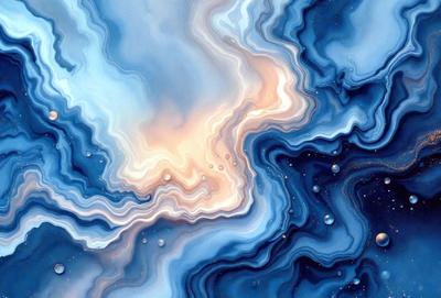 The primary subject of the image is a blue and white painting of a cloudy sky. The setting is a blue and white background, which adds to the overall visual style. The painting appears to be a digital art or illustration, showcasing the artist's creativity and skill in capturing the beauty of the cloudy sky. The colors and mood of the painting are serene and calming, with the blue and white hues evoking a sense of tranquility and peacefulness.