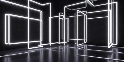 The primary subject of the image is a series of neon lights arranged in a hallway. The setting is a dark room with a black background, creating a dramatic and moody atmosphere. The visual style is a combination of digital art and illustration, as the neon lights are depicted in a way that resembles a painting or drawing. The colors and mood of the image are predominantly dark and mysterious, with the neon lights providing a contrasting and eye-catching element.