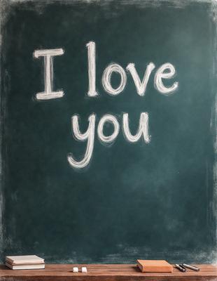 The primary subject of the image is a chalkboard with the words "I love you" written on it. The setting is a room with a green background, and the visual style appears to be a handwritten or drawn message. The colors and mood of the image are warm and affectionate, as the message expresses love and affection towards someone.