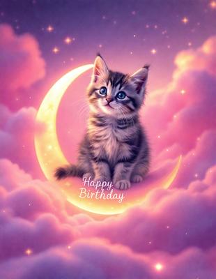 The primary subject of the image is a cute kitten sitting on a cloud. The setting is a pink and purple sky, which adds a whimsical and playful atmosphere to the scene. The visual style is a digital art or illustration, creating a vibrant and lively mood. The colors and mood of the image are predominantly pink and purple, giving it a warm and cheerful feel.