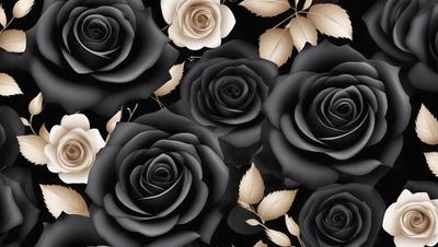The primary subject of the image is a close-up of a black rose. The setting is a black and white background, which adds a classic and elegant touch to the scene. The visual style is a combination of a photo and a drawing, creating a unique and artistic representation of the rose. The dominant colors are black and white, giving the image a timeless and sophisticated mood.