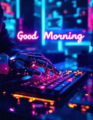 The primary subject of the image is a person's hand, which is placed on a keyboard. The setting is a room with a computer desk, and the visual style appears to be a digital art or illustration. The colors and mood of the image are predominantly pink and purple, creating a warm and inviting atmosphere.