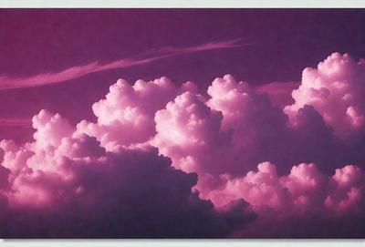 The primary subject of the image is a cloudy sky with pink clouds. The setting is a purple background, which adds a unique and artistic touch to the scene. The visual style is a combination of photo and digital art, creating a striking and visually appealing image. The dominant colors are pink and purple, giving the scene a warm and serene atmosphere.