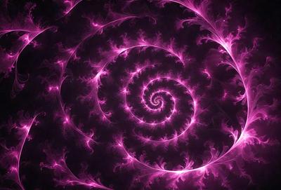 The primary subject of the image is a large, pink spiral pattern. The setting is a dark background, which contrasts with the bright pink color of the spiral. The visual style appears to be a combination of digital art and illustration, creating a unique and eye-catching design. The dominant colors are pink and purple, giving the image a warm and vibrant atmosphere.