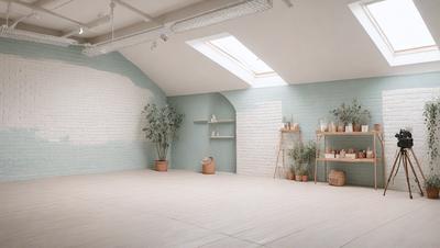 The primary subject of the image is a room with a white floor and a blue wall. The room features a large window, a brick wall, and a white ceiling. The setting is a room with a white floor and a blue wall. The visual style is a photo. The colors and mood of the room are predominantly white and blue, creating a calm and serene atmosphere.
