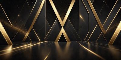 The primary subject of the image is a black and gold patterned wall. The setting is a room with a black background, and the visual style appears to be a combination of digital art and illustration. The dominant colors are black and gold, creating a luxurious and elegant atmosphere.