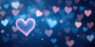 The primary subject of the image is a heart-shaped object, which is surrounded by a blue background and filled with sparkling hearts. The visual style of the image is digital art, and the colors and mood convey a sense of love and warmth.