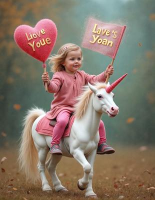 The primary subject of the image is a young girl riding a white unicorn. The setting is a forest, with trees visible in the background. The visual style is a digital art illustration, creating a whimsical and imaginative scene. The colors are predominantly pink, which adds a sense of warmth and playfulness to the image.