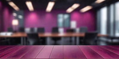 The primary subject of the image is a wooden table with a purple tablecloth. The table is surrounded by several chairs, creating a sense of a conference room or a meeting area. The setting appears to be an office or a professional environment. The visual style of the image is a photo, capturing the details of the table and chairs. The colors and mood of the image are predominantly purple, giving it a calm and sophisticated atmosphere.