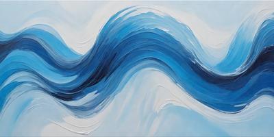 The primary subject of the image is a painting of a wave. The setting is a white background, and the visual style appears to be a digital art or illustration. The dominant colors in the painting are blue and white, creating a serene and calming atmosphere.