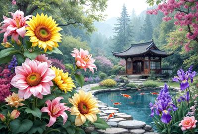 The primary subject of the image is a beautiful garden with a pond, surrounded by a variety of flowers and trees. The garden is filled with vibrant colors, creating a serene and peaceful atmosphere. The setting is a natural environment, with the pond and the garden's plants and flowers as the main focus. The visual style of the image is a combination of photo and digital art, creating a realistic yet artistic representation of the garden.