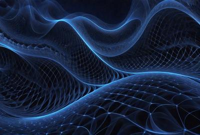 The primary subject of the image is a blue, swirling, and flowing pattern. The setting is a dark background, which contrasts with the blue pattern. The visual style is a digital art or illustration, creating a unique and captivating atmosphere. The dominant colors are blue, and the overall mood is one of fluidity and motion.