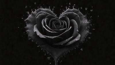 The primary subject of the image is a black rose. The setting is a dark background, which contrasts with the rose. The visual style is a close-up of the rose, showcasing its details. The colors and mood of the image are predominantly dark, with the black rose being the focal point.