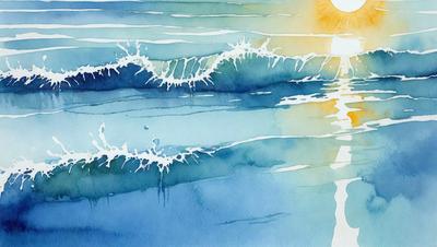 The primary subject of the image is a painting of a wave in the ocean. The setting is a blue ocean, and the visual style is a watercolor painting. The dominant colors in the painting are blue and white, creating a serene and calming atmosphere.