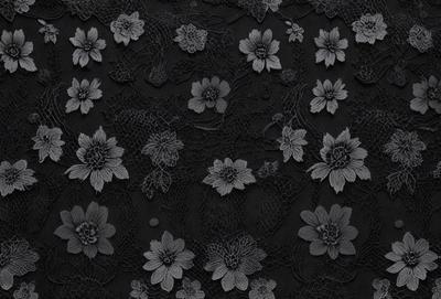 The primary subject of the image is a black lace pattern with white flowers. The setting is a black background, and the visual style is a close-up of the lace pattern. The dominant colors are black and white, creating a bold and striking appearance. The overall atmosphere is elegant and sophisticated.