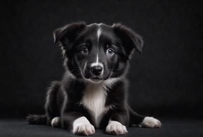 The primary subject of the image is a small black and white dog sitting on a black surface. The dog appears to be looking at the camera, possibly posing for a picture. The setting is a dark room, which adds a sense of mystery to the scene. The visual style of the image is a close-up of the dog, emphasizing its features and expression. The colors in the image are predominantly black and white, creating a classic and timeless atmosphere.