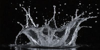 The primary subject of the image is a splash of water, which is the main focus of the scene. The water is captured in a close-up shot, creating a visually striking and dynamic image. The setting is a black background, which contrasts with the water and adds to the dramatic effect. The visual style is a photo, showcasing the water droplets in their natural form. The colors and mood of the image are predominantly dark, with the water droplets being the main source of light and