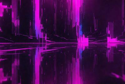 The primary subject of the image is a purple and pink digital art piece featuring a reflection of a building. The setting is a dark room with a purple and pink color scheme. The visual style is digital art, and the colors and mood create a surreal and dreamy atmosphere.