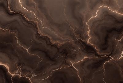 The primary subject of the image is a close-up of a marble surface with a pattern of lightning bolts. The setting is a dark room, and the visual style appears to be a combination of a photo and digital art. The dominant colors are black and brown, with the lightning bolts adding a touch of white. The overall atmosphere is dramatic and intense.