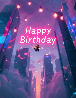 The primary subject of the image is a bee flying in front of a city skyline. The setting is a cityscape with tall buildings and a nighttime atmosphere. The visual style is a digital art or illustration, creating a whimsical and playful scene. The colors and mood are predominantly purple and pink, giving the image a warm and inviting feel.