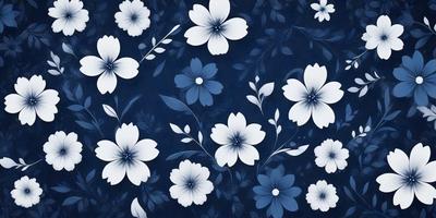 The primary subject of the image is a blue and white floral pattern. The setting is a blue background, and the visual style appears to be a combination of photo and digital art. The dominant colors are blue and white, creating a calm and serene atmosphere.