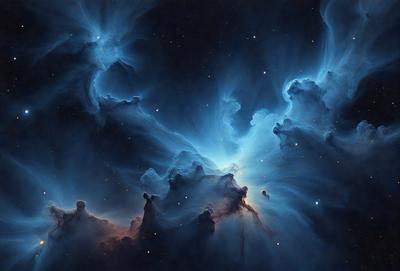 The primary subject of the image is a nebula, which is a cloud of gas and dust in space. The setting is a dark, starry sky, with the nebula being the main focus of the image. The visual style is a combination of a photo and digital art, creating a striking and detailed representation of the nebula. The colors and mood of the image are predominantly dark and dramatic, with the nebula standing out against the backdrop of the night sky.