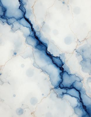 The primary subject of the image is a blue and white marbled tile. The setting is a white tile wall, and the visual style is a close-up of the tile. The dominant colors are blue and white, creating a calm and soothing atmosphere.