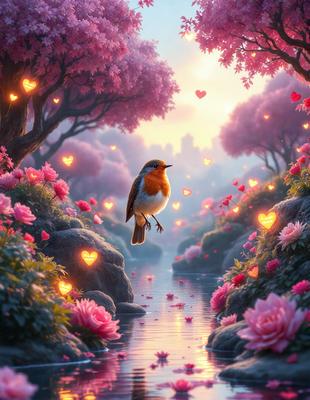 Primary subject: A small bird with a red breast, perched on a rock in a pink flower garden.

Setting/background: The bird is surrounded by a beautiful pink flower garden, with trees in the background. The scene is set in a serene and picturesque environment.

Visual style: The image is a digital art illustration, featuring a vibrant color palette and a detailed, artistic representation of the bird and its surroundings.

Colors and mood: The dominant colors in