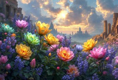 Primary subject: Flowers
Setting/background: A beautiful garden with a castle in the background
Visual style: Digital art
Colors and mood: The flowers are colorful and vibrant, creating a cheerful and lively atmosphere.