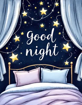 Good Night: A cozy bed with two pillows, one pink and one blue, is shown with a night sky background. The sky is filled with stars, creating a peaceful and calming atmosphere. The image is a digital art illustration, showcasing a comfortable and inviting sleeping environment.