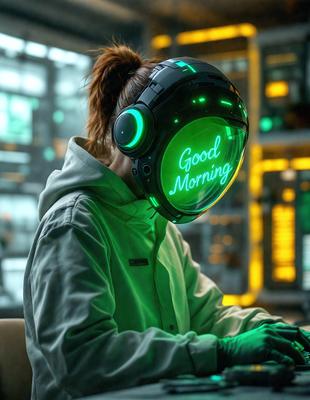 The primary subject of the image is a woman wearing a green hoodie and a green helmet with a green neon sign on it. The setting is a room with a computer desk and a keyboard. The visual style is a photo, and the colors and mood are predominantly green, giving the scene a futuristic and tech-savvy vibe.